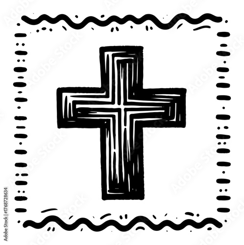 Decorative Christian cross sketch – bold hand‑drawn line art crucifix with ornamental frame, inspirational faith vector illustration