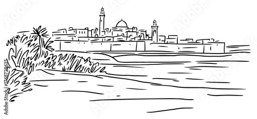 Seaside old town skyline sketch – Mediterranean coastal cityscape outline with lighthouse, minaret and palm tree, hand‑drawn vector illustration