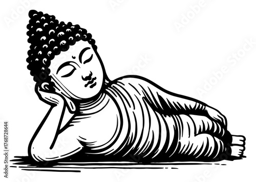 Reclining Buddha statue sketch – serene hand‑drawn vector illustration of lying Gautama Buddha in peaceful meditation pose, zen Asian art