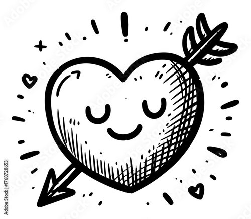 Cute smiling heart pierced by arrow – playful doodle style love symbol hand‑drawn line art vector illustration