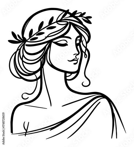Roman muse portrait with laurel crown – graceful feminine line art bust, classical beauty minimalist vector illustration