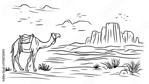 Camel beside desert mesas – hand‑drawn line art vector illustration of dromedary in arid canyon landscape