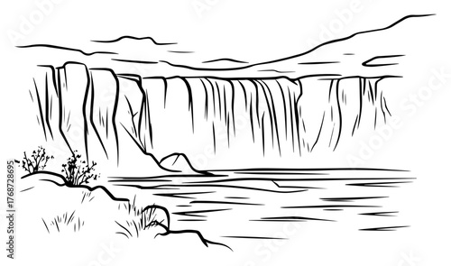 Majestic waterfall landscape sketch – towering cascade flowing into river, minimalist hand‑drawn line art vector illustration