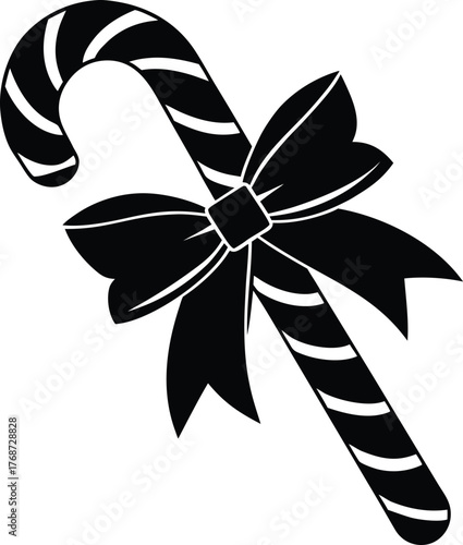 Candy cane with bow icon sweet dessert stick for holiday treats and winter season confectionery food silhouette