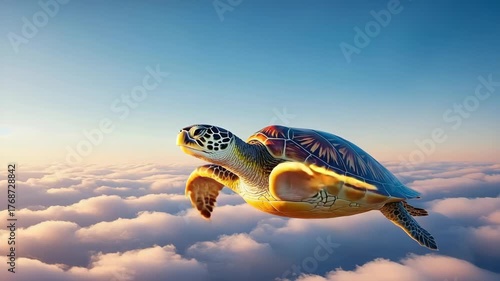 Turtle flying above the clouds with vibrant sunset colors
