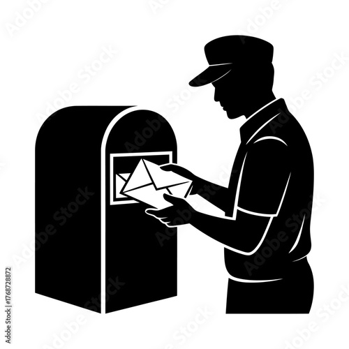black silhouette of postman delivering letters into mailbox vector illustration representing postal service