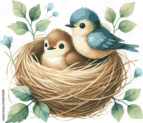 Vector watercolor painted illustration of an adorable nest with little birds