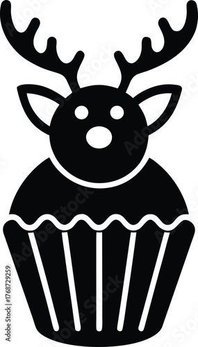 Reindeer Cupcake Vector Black Silhouette with Transparent Background