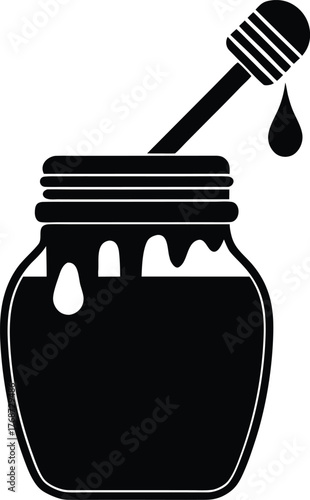 Honey jar with dipper vector icon. Sweet organic product. Healthy natural liquid food ingredient.
