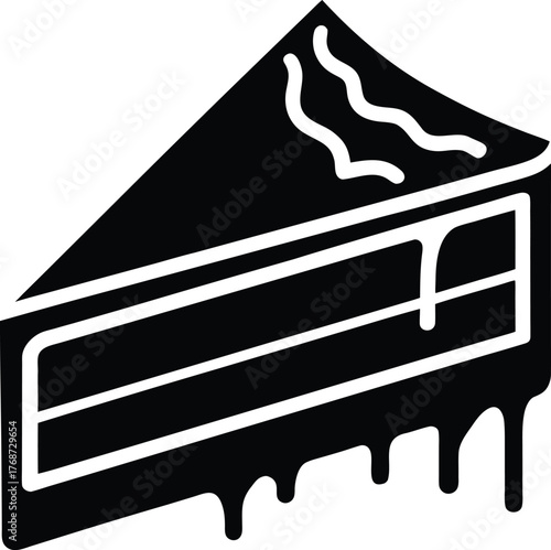 Black silhouette slice of cake with dripping icing. Delicious dessert portion with glaze and layers isolated on background