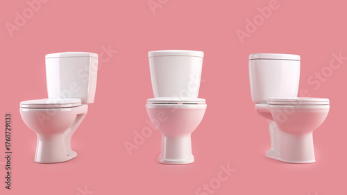 Three White Porcelain Toilets Against Solid Pink Background in Stylized Row