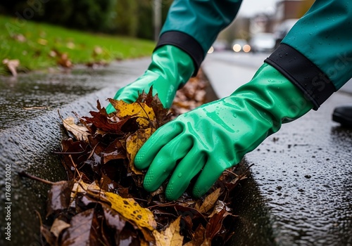 Person Wearing Green Gloves Cleaning Wet Autumn Leaves from Street Gutter