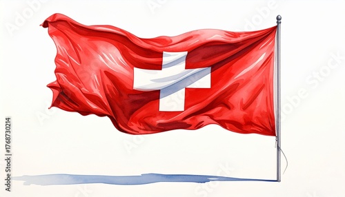 Waving Flag of Switzerland on Silver Pole with White Cross on Red Field
