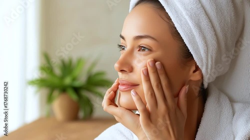 Young woman with towel on head softly massages face skin with gentle circular motion in warm daylight spa room expressing relaxation and skincare wellness