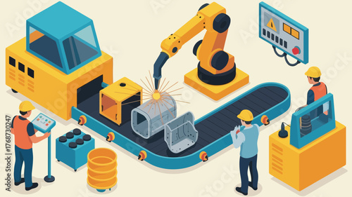 Modern automated factory production line with robotic arm and human workers overseeing industrial manufacturing processes