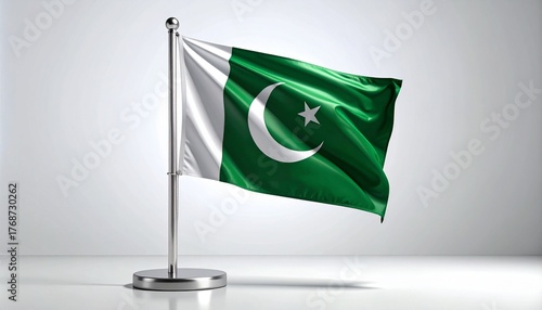 Waving Flag of Pakistan on Silver Pole with Crescent and Star