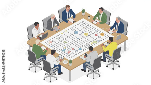Diverse group of business professionals collaborating around a large table with a complex flowchart or project plan