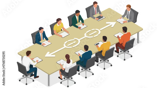 Diverse group of professionals in a modern boardroom discussing strategy with a symbolic arrow representing progress and collaboration