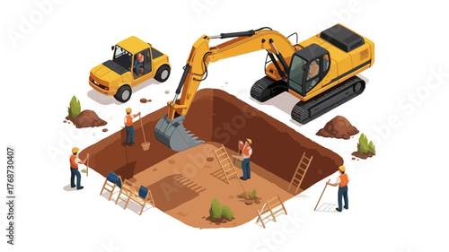 Isometric view of construction site with excavator digging a large pit and workers overseeing the excavation process