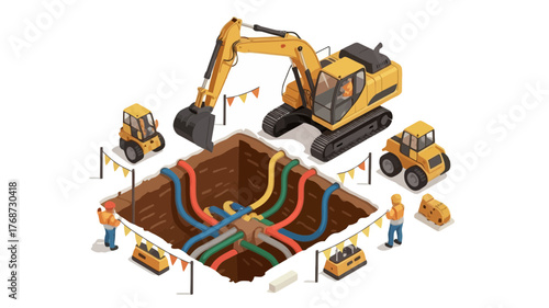 Isometric view of construction site with excavators and workers digging a trench with colorful pipes underground