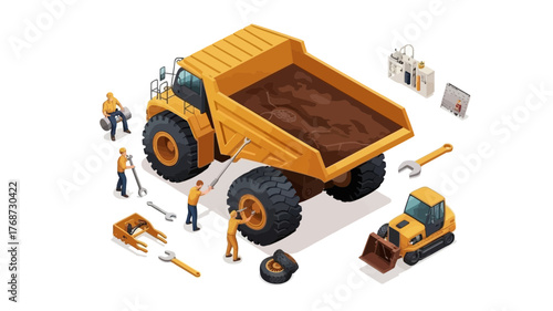 Isometric illustration of a yellow dump truck loaded with dirt and construction workers along with a mini excavator and building elements