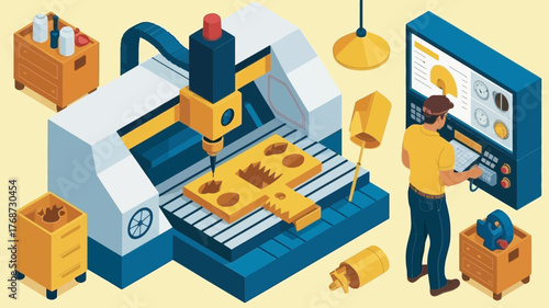 Modern manufacturing facility with cnc machine worker using vr headset and digital display for automation and industry 4 0