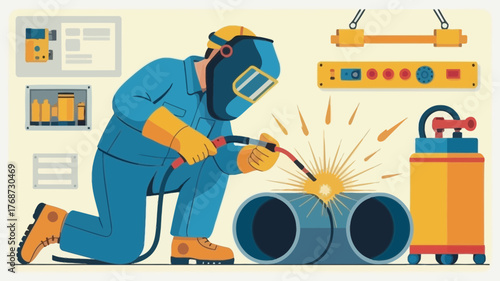 Skilled welder in protective gear performing metal fabrication by joining pipes with a welding torch and sparks flying