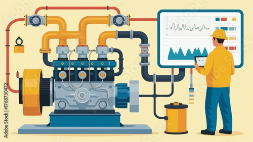 Engineer monitoring complex industrial engine system with digital dashboard displaying performance data and analytics