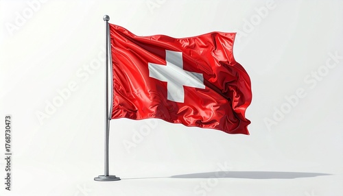 Waving Flag of Switzerland on Silver Pole with White Cross on Red Field