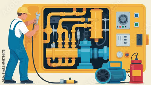 Skilled technician in overalls and cap working on complex industrial machinery with pipes and pumps inside a control panel