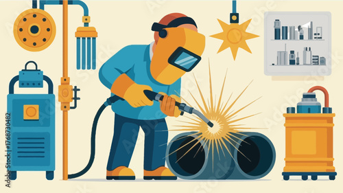 Skilled welder wearing protective gear performing arc welding on metal pipes in workshop setting