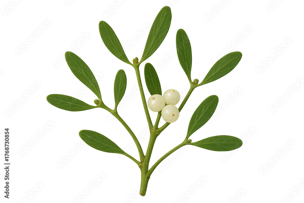 Fototapeta premium Mistletoe sprig with white berries and green leaves, symbolizing christmas holiday tradition and festive decoration