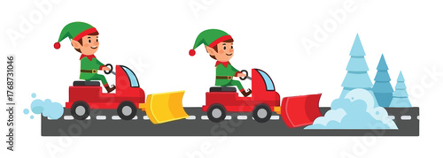 Elves Driving Snow Plows on Road Clearing Winter Snow Landscape Scene