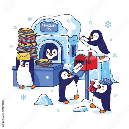 Playful penguins at Penguin Post Office igloo handling letters and mail in winter
