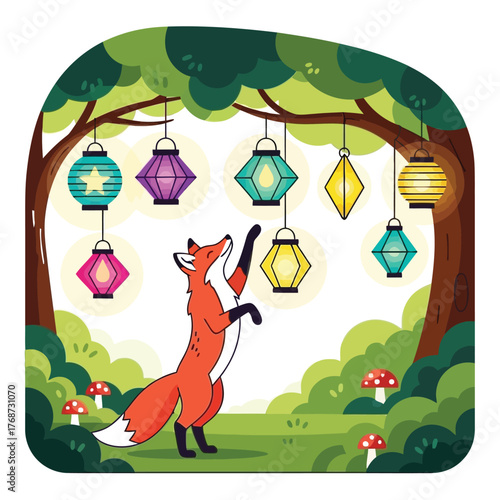 Whimsical fox reaching for colorful lanterns in an enchanted forest setting