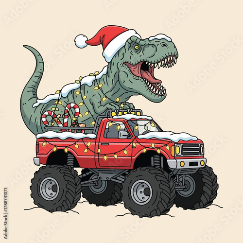 T-Rex dinosaur in a santa hat on a monster truck with festive lights and snow
