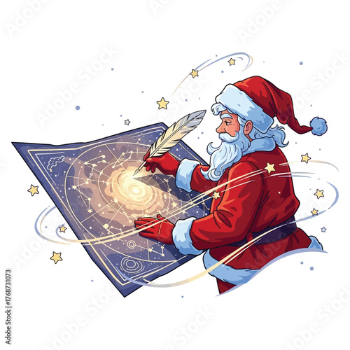 Elderly benevolent figure writing on a map of celestial bodies and cosmic constellations