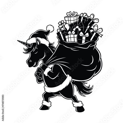 Unicorn in Santa costume carrying a large bag of gifts in black and white