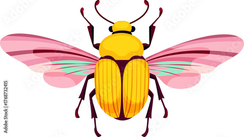 Beautiful yellow beetle with pink wings.