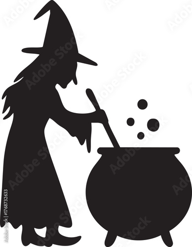 Black Witch Silhouette Stirring a Bubbling Cauldron Potion Isolated on White Background