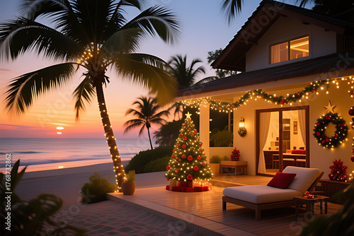 Tropical Christmas Sunset on Beach with Decorated Tree and Villa, Luxury Holiday Escape Concept

