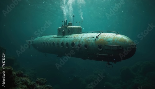 Wallpaper Mural Old rusty submarine navigates deep sea. Underwater vessel moves through ocean depths near coral reef. Dark blue water, mysterious journey, science exploration. Torontodigital.ca