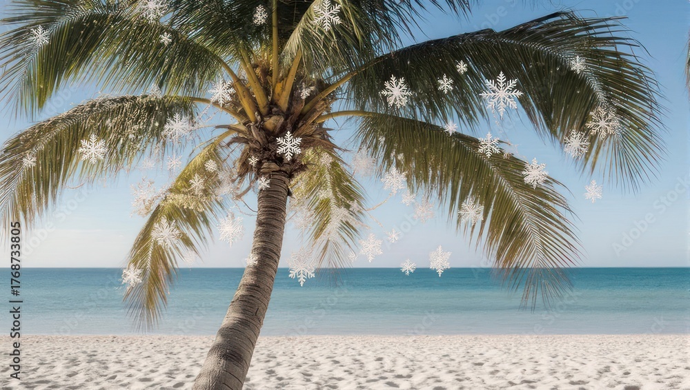 Obraz premium Tropical Christmas - Palm tree decorated with snowflakes on a white sand beach.