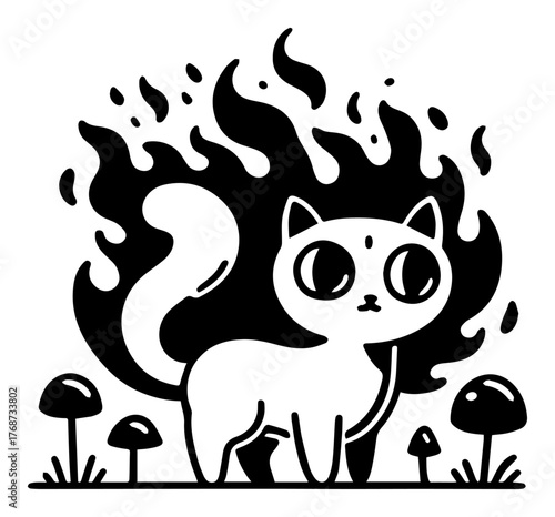 Mystic flaming‑tailed cat among magic mushrooms – whimsical fantasy vector illustration with occult witchy vibes