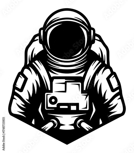 Space explorer in full suit badge – bold astronaut figure emblem, retro sci‑fi vector illustration