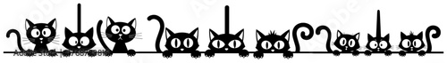 Row of cartoon cats border – playful feline silhouettes pattern divider, cute vector illustration