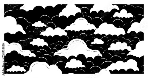 Seamless fluffy cloud pattern – bold silhouette sky background of stylized cumulus clusters, modern vector illustration