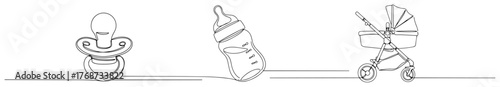 Continuous line baby pacifier, bottle and stroller – minimalist newborn essentials icons in one‑line style, elegant parenting vector illustration