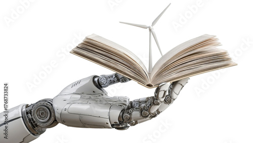 PNG of A futuristic robotic hand holding an open book with a small wind turbine emerging from it, symbolizing knowledge and sustainability.