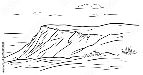 Rocky sea cliff sketch – hand‑drawn coastal headland with ocean waves, minimalist line art landscape vector illustration